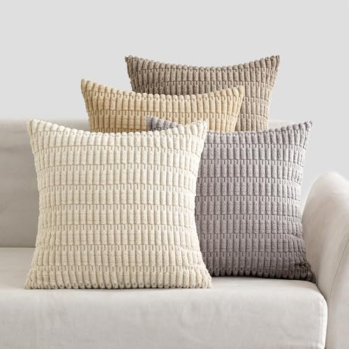EMEMA Kordsamt Kissenbezüge 4er Set Dekorative Sofakissen Moderne Kissenhüllen 50x50 cm Dekokissen Weicher Zierkissenbezug für Wohnzimmer Sofa Schlafzimmer Graubraun Serie