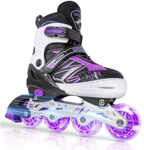 LOKJIJI Einstellbare Inline Skates für Kinder Mädchen Jungen Anfänger, Schwarz & Violett Inline Skates mit Light Up Räder für Kinder und Jugendliche für drinnen draußen Sport (Large)