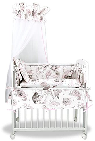 Baby Delux Beistellbett Set Babybett Komplett Set Stubenwagen weiß 90x40 mobil mit Rädern inkl. Bettwäsche Matratze (Teddy und Freunde rosa)