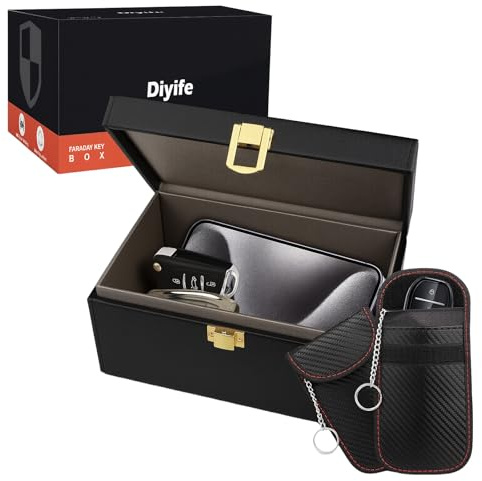 Diyife Bilnyckel faraday Box & 2 väskor, nyckelless goskydd bilnyckelslåda signal blocker anti-hackning stöldskydd för bilnyckel kreditkort, 19 x 12 x 9 cm