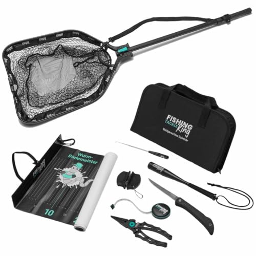 Fishing-King Tackle Waidgerechtes Zubehörset mit Kescher | inkl. Fischtöter, Angelmesser, Maßband, Abhakmatte, Multizange, Tasche