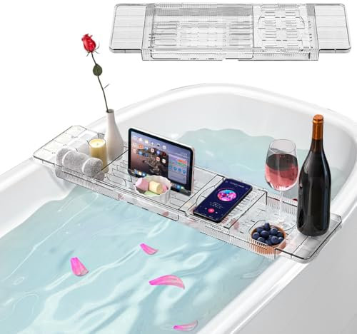 Badewannenablage, Verstellbares Badewannenbrett, Badewannenablage aus Kunststoff, Schienen für Bücher, Telefon, Kerzen, Wein und Tablet –Badewanne Ablagebrett Geschenk für Frauen, Badezimmerzubehör