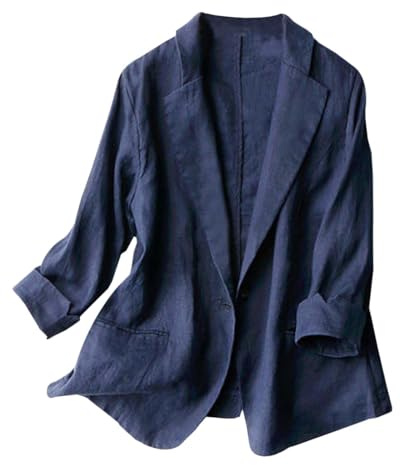 Generisch 2025 Leinenblazer Blazer Damen Baumwoll-Leinen-Blazer Anzug Sommer 3/4-Ärmel Strickjacke Vorne Offen Kerbtasche Arbeit Business Casual Mantel Anzüge Jacke Für Damen Leichte Anzugjacke