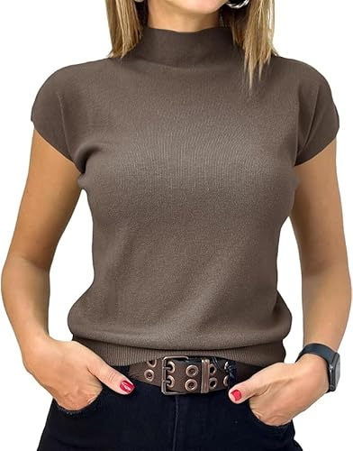 Saodimallsu Pull pour femme à manches courtes d'été pull tricoté avec col montant couleur unie coupe ajustée t-shirt hauts léger basique pulls tricotés, marron, S