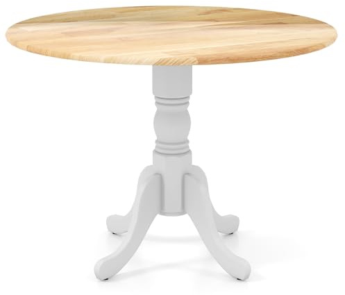 COSTWAY 100cm Round Dining Table, Rubber Wood Kitchen Table with Wooden Effect Top and Curved Trestle Legs, 4 Seaters Rustic Dinner Table for Home Dining Room Living Room (Natural+White)