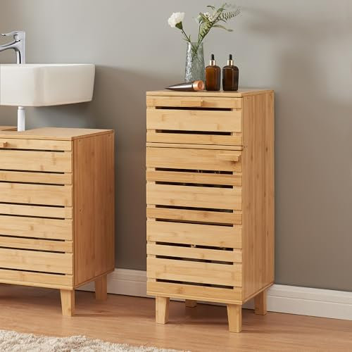 [en.casa] Badezimmerschrank Epind Badschrank Mehrzweckschrank 75 x 33 x 30 cm Midischrank mit 1 Tür und 1 Schublade Bambus Natur