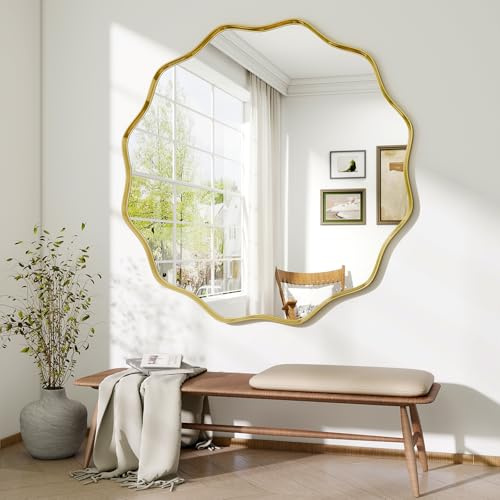 BEAUTYPEAK Runder Spiegel 106 cm, Wandspiegel mit Gewellter Kante, Aluminiumrahmen, Groß Rund Spiegel zum Aufhängen und Anlehnen, Rund Wandspiegel für Schlafzimmer, Badezimmer, Flur Gold