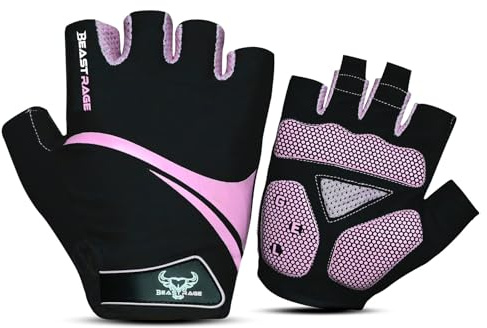 BEAST RAGE Gants de Cyclisme Demi-Doigts pour Hommes et Femmes–Gants de vélo Respirants sans Doigts avec Paume antidérapante,Absorption des Chocs,Rembourrage en Gel pour Le Cyclisme (Rose, M)