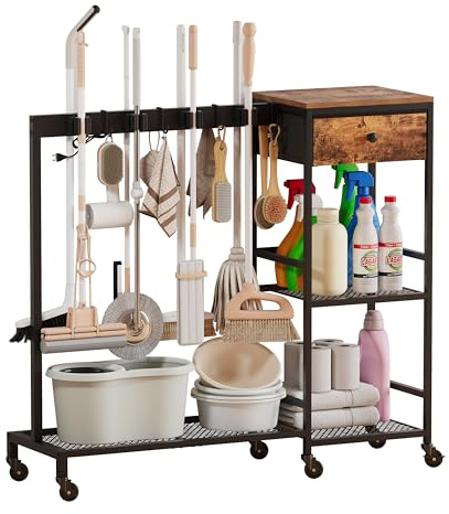 Unionly Heavy Duty Metal Cleaning Cart with Wheels,Broom Holder with Cleaning Supplies Organizer,Broom Storage Cart with Mop Hanger Gripper Rack Hooks for Home, Commercial (Rustic Brown, 37.6 L)