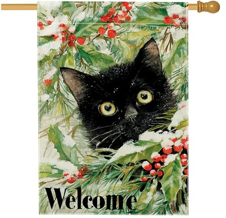 Bandera de casa de gato, bayas de acebo de invierno, arpillera verde de doble cara, bandera de jardín grande para exteriores, césped, patio, entrada, 28 x 40 pulgadas