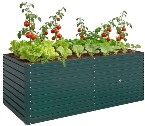 Outsunny Utomhusplanterare, upphöjd, galvaniserad planteringskruka, fyrkantig trädgårdsträdgård med säkerhetskant och öppen botten, för blommor och grönsaker, 160 x 80 x 60 cm, grön