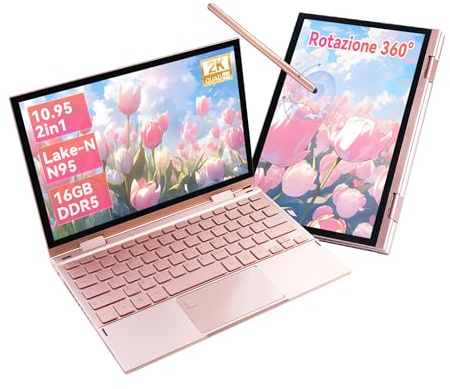 LONGEVINCE Mini Laptop 2 in 1 da 10,95 Touch Screen, Notebook Convertibile 360° Win 11 Pro, PC Portatile Celeron N95, 16GB DDR5+256GB SSD, 2000*1200, Tastiera Italiana Retroilluminata, Stilo,Oro Rosa