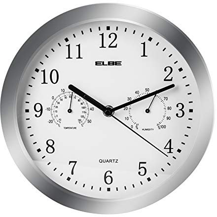 Elbe Wall Clock with Thermometer and Hygrometer, Temperature and Humidity, Diameter 25 cm, White Panel Frame, Battery Operated, Metallic Silver, No aplicable