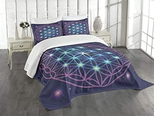 ABAKUHAUS Mandala Tagesdecke Set, Ombre Blume des Lebens, Set mit Kissenbezügen Sommerdecke, für Doppelbetten 264 x 220 cm, Indigo