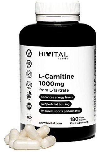 L-Carnitin 1000 mg. 180 vegane Kapseln für eine 3-monatige Kur. Durch bakterielle Fermentation gewonnen (100% vegan). Hergestellt von HIVITAL