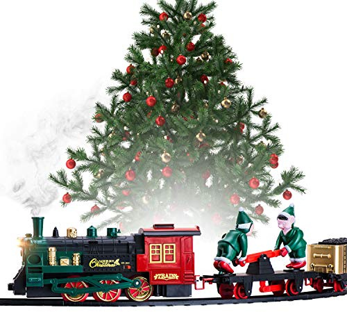 Christmas Train Set for Under The Tree with Lights, and Sounds - Holiday Train Around Christmas Tree w/Large Tracks | Battery Operated Electric Train Set with 160 Inches of Track and 2 Xmas Elves