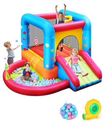 Step4Fun Inflatable Bounce House, Kids Castle Slide Bouncer for Children Jumping Outdoor and Indoor Party, Baby Backyard Water Jumper Toy with Blower, Ball Pit Pool, Ideal Gifts（112 x 98 x 65”）
