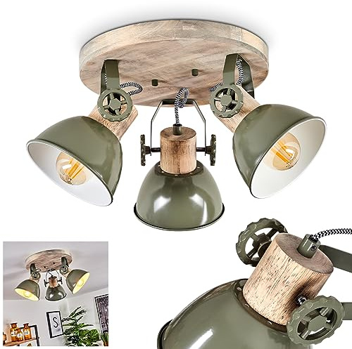 Taklampa Orny,er takspot tillverkad av trä och metall i grönt, rumslampa med industriell/vintage look, rundel med 3 x E27, lamphuvudena är justerbara, utan glödlampor