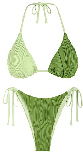 ZAFUL Bikini Bathing Suit for Women Halter 2 Piece Bikini Sets Adjustable Self Tie Strings Removable Pads Swimsuit Green L