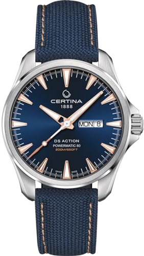 Certina, Mens, DS Action Day-Date Powermatic 80, Stainless Steel, Swiss Automatic, Watch, Blue, Plastic, 20, (C0324301804101)