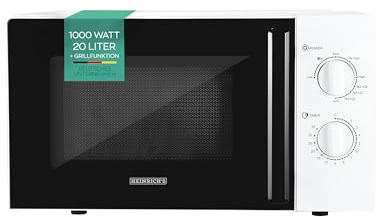 HEINRICHS Mikrowelle, kompakte Mikrowelle, 20L Volumen, 9 Leistungsstufen, inkl.35min.Timer, Defrost Funktion, Innenraumbeleuchtung, 360°Drehteller, mit Grillfunktion,1000W Leistung, Heinrich´s(weiß)