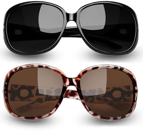 Joopin Paquete de 2 Gafas Sol Mujer Grandes Modernas Brillantes Gafas Polarizadas Señora con Protección UV400 para Conducir Playa Negras Oscuras y Marrones Leopardo
