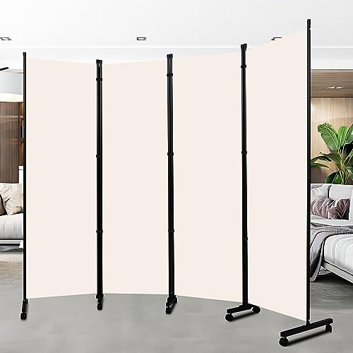 Room Divider Folding Privacy Screens with Wheels, 6FT Tall Divider for Room Separation, Movable Room Partitons and Dividers, Indoor Room Dividers Panel with Fabric (Beige, 4 Panel-88‘’-Wheels)