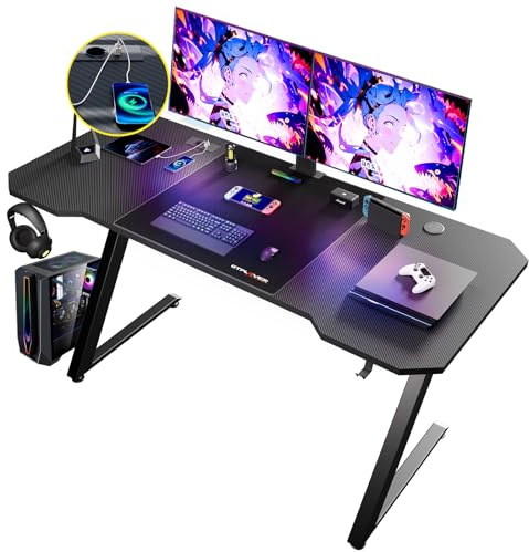GTPLAYER Gaming Tisch, Gaming Schreibtisch 120 x 60, PC Tisch Gamer Tisch mit Steckdose, Stabiler Computertisch mit Kopfhörerhaken
