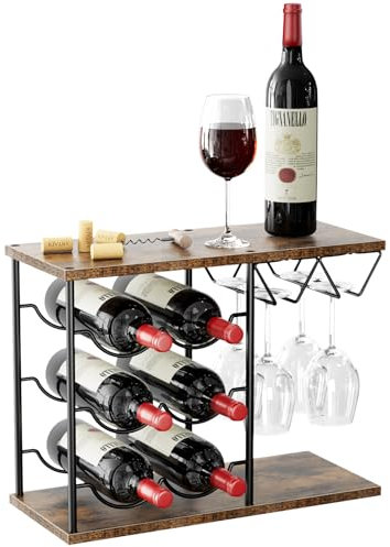 Nuovoware Weinregale Arbeitsplatte, Weinflaschenhalter für 6 Flaschen und 4 Gläser Halter, Weinaufbewahrungs Organisator aus Metall für Küche, Bar, Tisch, Schrank, Weinkeller, Holz