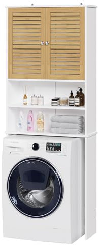 FORABAMB Waschmaschinenschrank,Hochschrank, Toilettenregal mit Schrank, 2 offene Fächer, Verstellbare Ablagen, Badezimmerregal mit 2 Bambustüren über Waschmaschine/Toilette 185.5×65×24cm