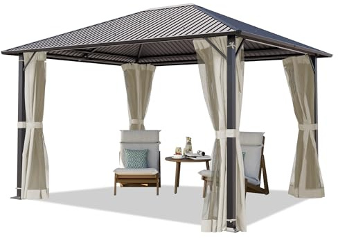TOOLPORT Cenador de Jardin 3x3,65 m con Techo de Acero - Hardtop Pabellón con 4 Cortinas y mosquiteras en Crema