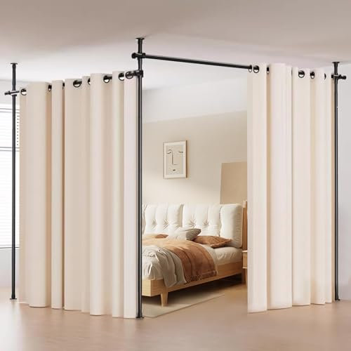 Raumteiler Gardinenstange Schwarz, Verstellbare Raumtrennende Vorhanstange, ohne Vorhang, ohne Bohren, Freistehende Sichtschutz für Wohnzimmer, Schlafzimmer oder Büro, 122-304cm(H),71-289cm(B)