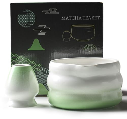 LEKEFETO Bol à Matcha 2 Pièces : 18,6 OZ Bol Japonais à Matcha Céramique Artisanale pour Cérémonie du Thé, avec Bec Verseur et Porte-Fouet