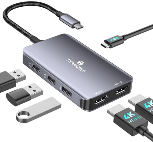 THANDBLE USB C to Dual HDMI Adapter, 6 in 1 Docking Station Dual Monitor, 3*USB-A Data Ports, 100W PD, HDMI Splitter Extended Display Laptop USB C Hub for MacBook, HP, Dell and More