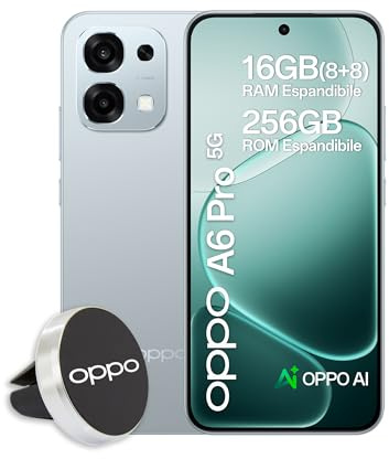 OPPO A6 Pro 5G Smartphone, Foto AI 50MP, Frontale 16MP, Display 6.57” 120HZ AMOLED FHD+, 6500mAh, RAM 8(Esp8GB)+ROM 256GB (esp2TB), IP69, Supporto Auto [Versione Italia], Lunar Titanium