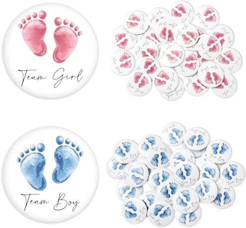 FYSUIMU 50 Pcs Gender Reveal Button Pins Pink Blue Footprints Team Girl Boy Button Badges for Baby Shower Party Game Supplies