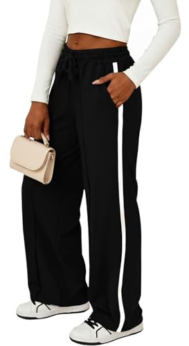 Fisoew, pantaloni da jogging da donna, a righe, larghi, con cintura elastica e tasche laterali, pantaloni sportivi con coulisse, colori a contrasto, pantaloni casual, Nero , M