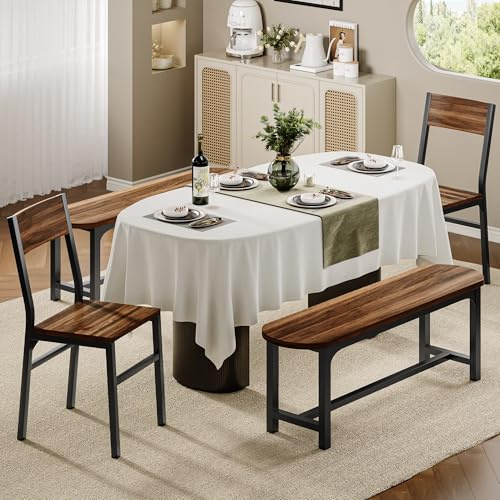 FEONASE Set 4 Sedie Sala da Pranzo–2 Sedie Ergonomiche & 2 Panche, MDF e Struttura in Metallo, Sedie da Cucina per Casa, Appartamento o Spazi Ridotti (Noce)