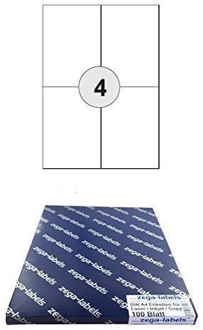 400 Etiketten 105 x 148 mm wetterfeste Polyester Folie weiss matt stark haftend auf DIN A4 Bögen (2x2 Etiketten DIN A6) - 100 Blatt Pack - Universell für Laser/Farblaser einsetzbar - 4-teilig