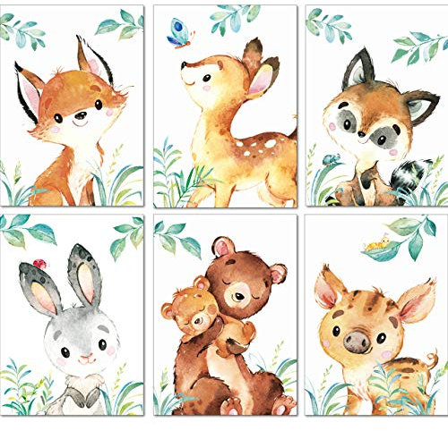 LALELU-Prints Kinderzimmer Deko Kinderbilder Bilder Babyzimmer Waldtiere Poster Kinder Mädchen Junge 6er Set (DIN A4 ohne Rahmen)