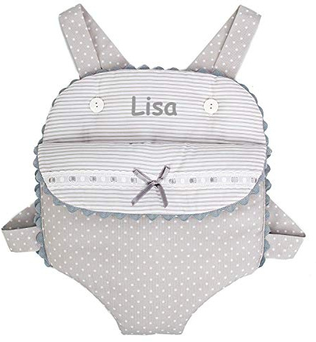 Mochila Portabebés para muñecas PERSONALIZADOS. Varios modelos y tamaños disponibles. Fabricado en España (Verona Gris, Tamaño grande)