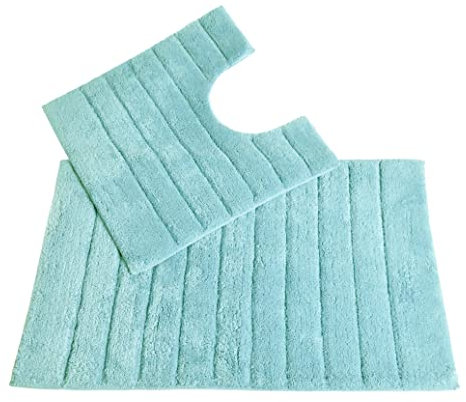 Allure Ribbed Design 2 Piece Bath and Pedestal Toilet Mat Set, 100% Cotton (Duck Egg)