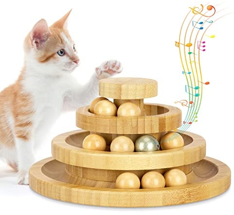 Tarnel Katzenspielzeug Selbstbeschäftigung, Interaktives Katzenspielzeug aus Bambus DREI Etagen drehbar Smart Track Ball Schaukelrolle mit Glocken