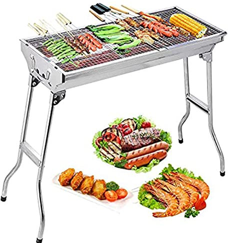 Barbecue Charbon, Acier Inoxydable Barbecue Grill Portable Et Pliable Barbecue De Table Au Charbon De Bois Pour L'extérieur Jardin Terrasse Pique-Nique Camping Voyage, 70X73x33,5 Cm, Argent