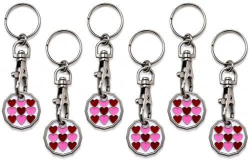 Craft 4 You Pack of 6 x Shopping Trolley Token UK Keyring £1 Coin Shape Pound Tokens Key Ring for Supermarkets Locker Gym (6 x Pink Hearts)