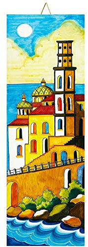 Baldosa cerámica cm. 10x30 con Impresión de un Paisaje de la Costa de Amalfi, Paisaje costero 4, Azulejo Ornamental para Colgar.