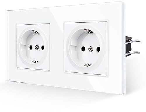 JIMEIDA Doppelsteckdose Glas Weiß 2 Fach,16 Amp Gehärteter Glasscheibe Standard Steckdose Schutzkontakt Wandsteckdose 157 * 86mm 250V
