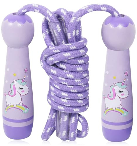 Hopprep barn, justerbart hopprep för barn, 2,6 m, justerbart hopprep med trähandtag, hopprep, barn med tecknat trähandtag, barn justerbar bomull, rep hoppning 6 8 10 år