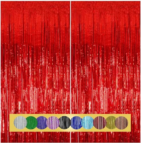 Montegoni 2 Pezzi 1x2.5m Rosso Tende Metalliche Feste con Frange Scintillanti, Decorazione Lamina Glitter per Capodanno, Compleanno, Baby Shower, Festa di Nozze | Frange di Lamina per Decorazione