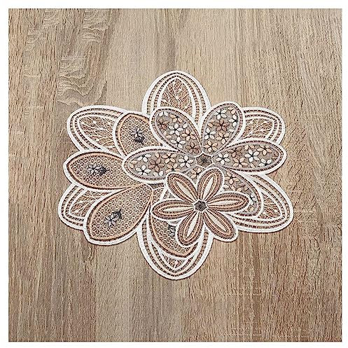 DSD Design-Studio Drechsler Deckchen Blütenzauber aus Echter Plauener Spitze Tischdecke mit Blumen-Muster in beige-braun 32 cm Durchmesser